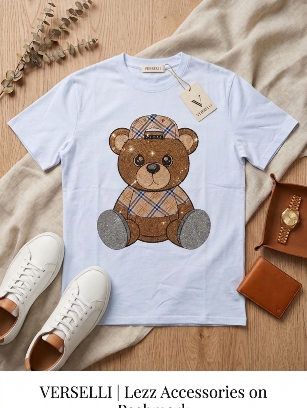 Verselli The Rhinestone Teddy Bear Men's White T-Shirt Size M